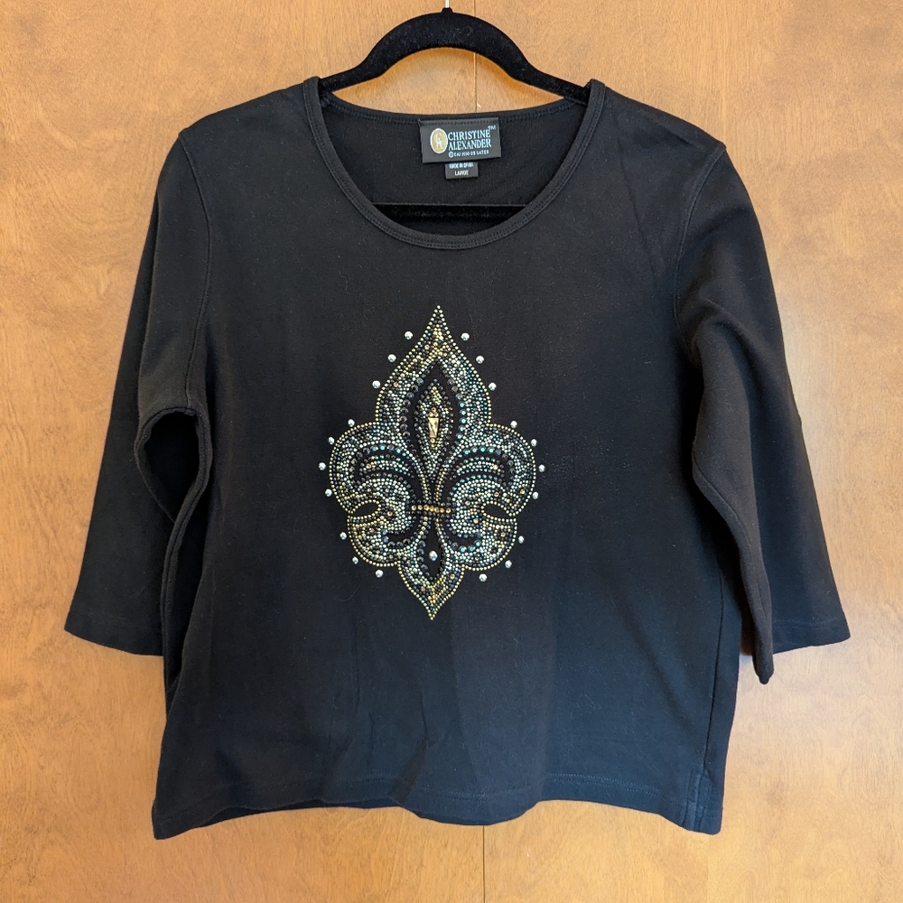 Christine Alexander, Large 3/4 sleeve, Black Top with Bling